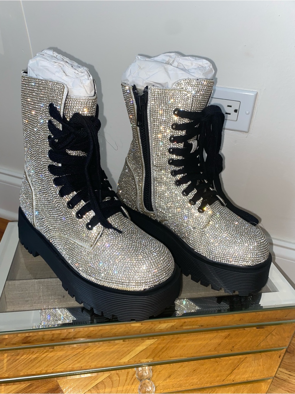 Dolls Kill Silver Crystal bling Rhinestone Combat Boots with Black Laces NEW